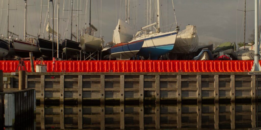 View of the EasyWall water barriers for flooding from the harbor waters