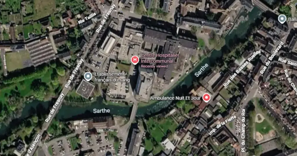 Alencon Hospital map image showing its proximity to Sarthe River
